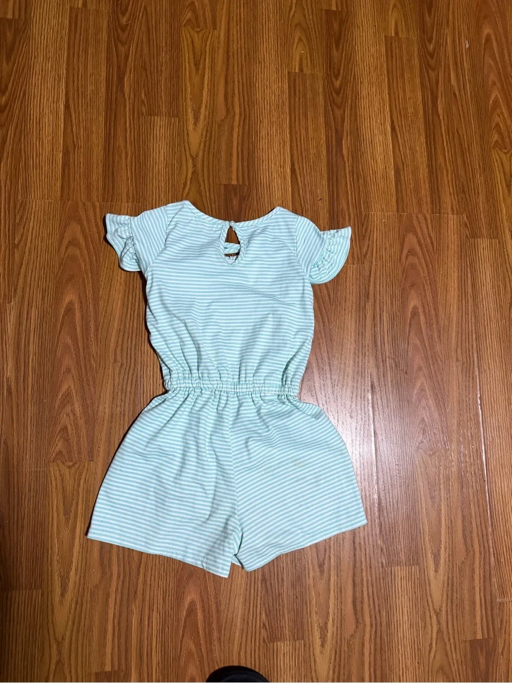 Btween Girl’s Striped Mint Green & White Romper Ruffle Sleeve Size 7